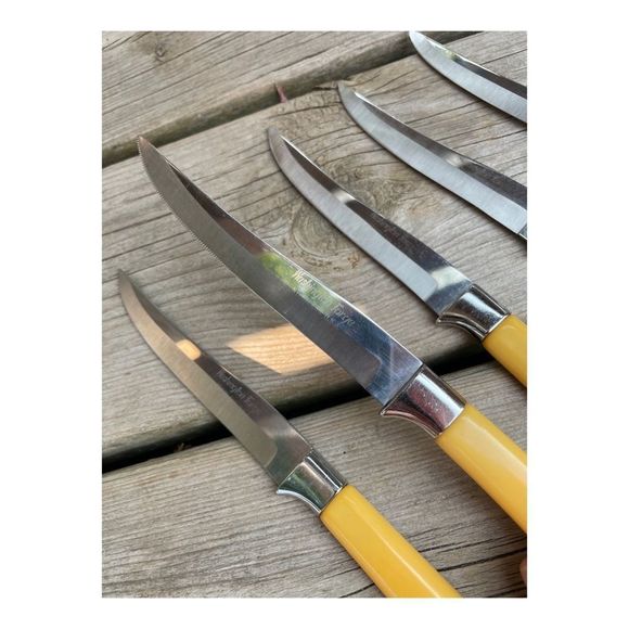 Vintage Bakelight Handle Steak Knife Set x 6 Butterscotch Washington Forge Steel - Picture 6 of 14